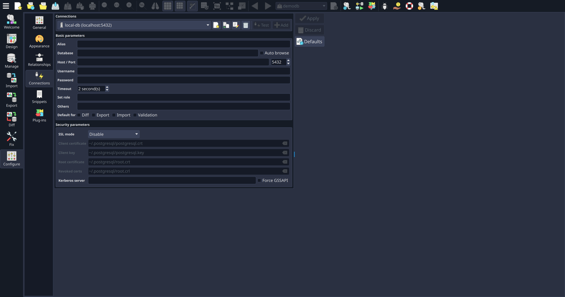 Quickly configure connections to use in validation, export, import, diff, and management.