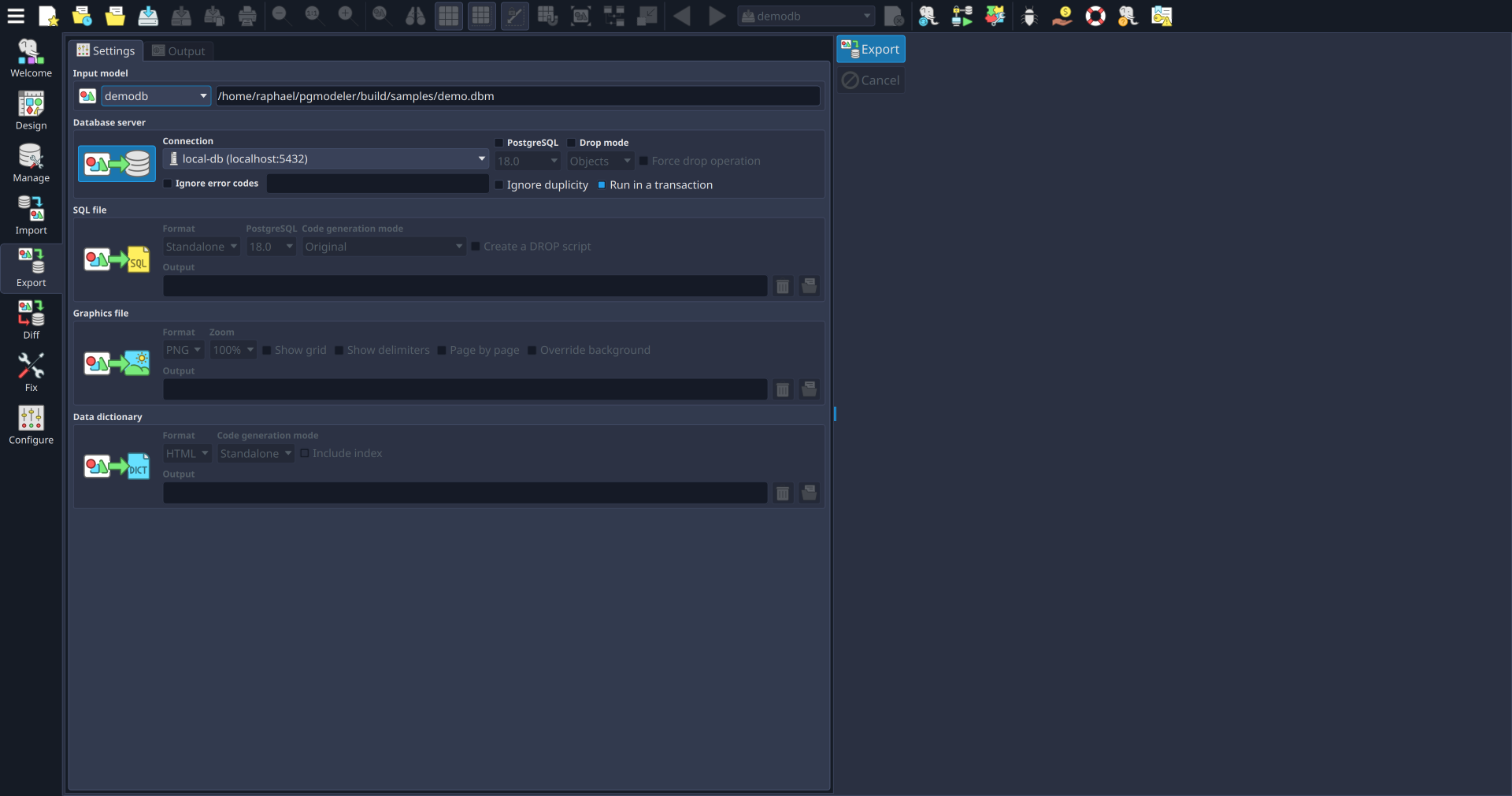 Exporting is not a problem! Choose between SQL, PNG, SVG and HTML (Data dictionary).