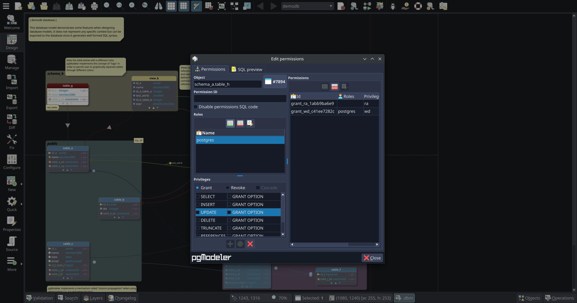 You don't need to use GRANT/REVOKE by hand! Use the permission configuration dialog.