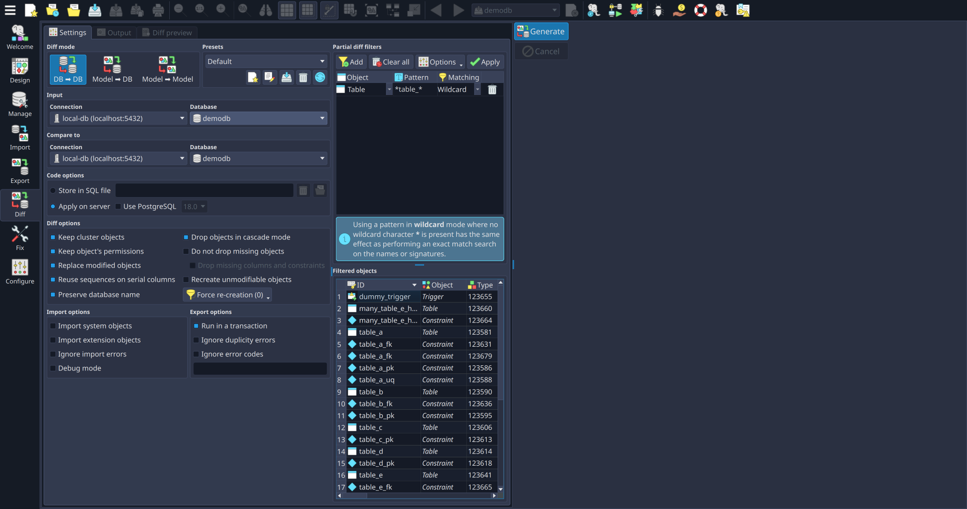Keep synchronized both model and database with the diff tool.