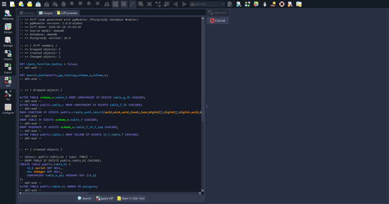 Preview what will change in your database prior to applying the diff code.
